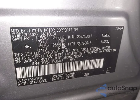 2019 Toyota Rav4 Le из США, поврежденный, VIN JTMH1RFV6KJ008446